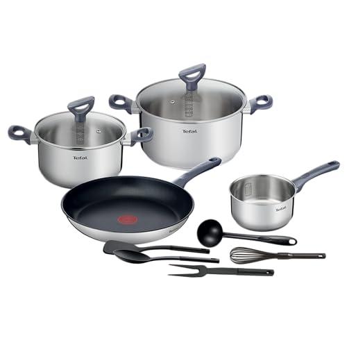 Tefal DAILY COOK roostevabast terasest kööginõude komplekt G713SB | 11-osaline (kastmepott 16 cm, keedupotid 20/24 cm kaantega, praepann 28 cm, vispel, kulp, lusikas, pannilabidas, lihakahvel | sobib kõigile pliiditüüpidele, must)