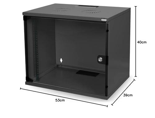 DIGITUS Võrgukapp – 19-tolline rack 7HE – Kokku panemata – Seinale kinnitatav – 400 mm sügavus – 270 mm kasutatav sügavus – Kandevõime 60 kg – Klaasuks – SOHO seeria – Must – detailne vaade