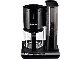 Bosch Styline TKA8013 filterkohvimasin, Aroma Sensor, 1,25 L aroomikaitsega klaaskann, 10-15 tassi, automaatne väljalülitus, katlakivieemaldussüsteem, tilgalukk, pööratav filtrikandja, 1160 W, must – pakend ja tarvikud