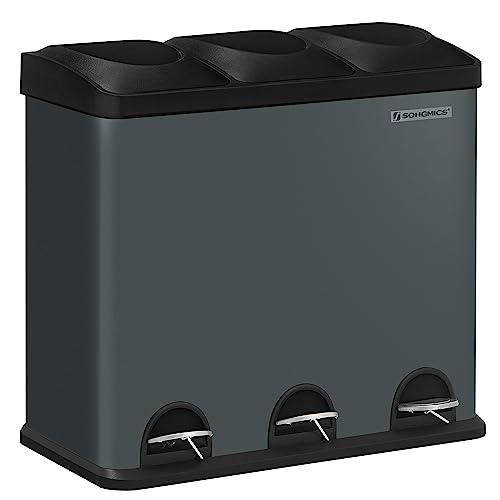 SONGMICS 54L köögiprügikast, 3 sektsiooniga pedaalämber, sisemised ämbrid ja 6 sildi prügisorteerimissüsteem, legeeritud teras, hall-must, 60,4x30x56,3 cm