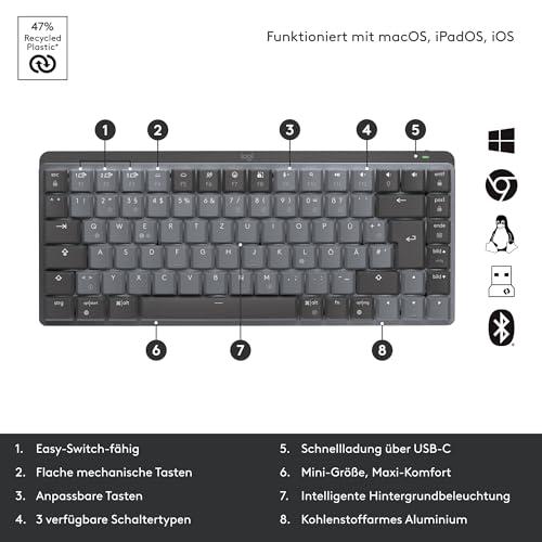 Logitech MX Mechanical Mini juhtmevaba mehaaniline klaviatuur taustvalgustusega, lineaarsed klahvid, Bluetooth, USB-C, macOS, Windows, Linux, Android, metall, Saksa QWERTZ paigutus – Grafiit – pilt 6