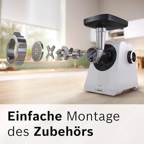 Bosch hakklihamasin Serie 4 MFWS420W, kompaktne, 2 kiirust, 2 sõela (3 & 8mm), vorstitarvik, 10-aastane mootori garantii, planeetülekanne, 1.900 W, valge/must – lisavaade