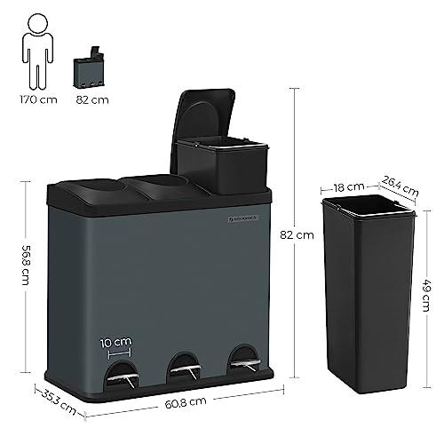SONGMICS 54L köögiprügikast, 3 sektsiooniga pedaalämber, sisemised ämbrid ja 6 sildi prügisorteerimissüsteem, legeeritud teras, hall-must, 60,4x30x56,3 cm – kasutusnäide
