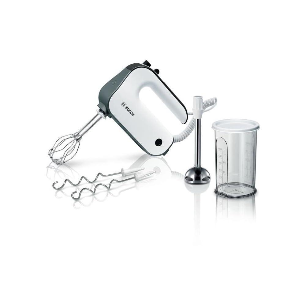 Bosch käsimikser Styline MFQ49700, 5 kiiruseastet, 2 roostevabast terasest visplit ja taignakonksu, spiraalkaabel, roostevabast terasest segamisjalg, 850 W, valge/tumehõbe