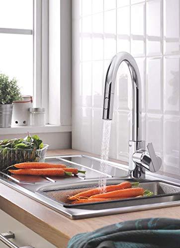 GROHE Feel – Ühe käepidemega köögisegisti (kõrge C-kujuline tila, ühe auguga paigaldus, väljatõmmatav kahefunktsiooniline pihusti, kiire paigaldussüsteem), kroom, 31486001 – pakend ja tarvikud