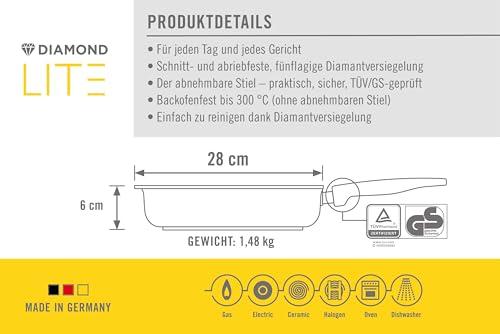 Woll Diamond Lite nelinurkne pann, 28×28 cm, 6 cm kõrge, eemaldatava käepidemega – sobib keraamilisele, gaasi-, elektri- ja halogeenpliidile – mitteinduktsiooniga, valualumiinium, mittenakkuva kattega, ahjukindel – pakend ja tarvikud