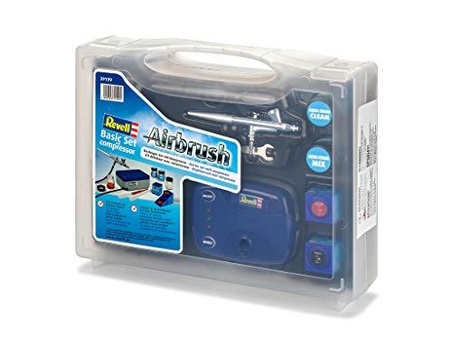 Revell Basic Komplekt kompressoriga – Airbrush algajatele, pihustuspüstol, akrüülvärvid ja lisatarvikud – pakend ja tarvikud
