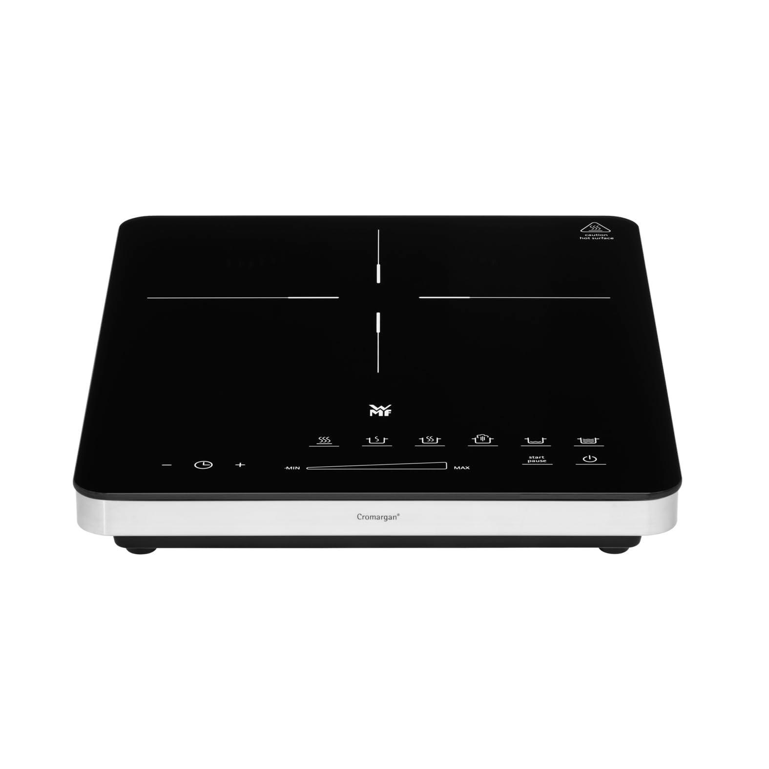 WMF Kult X mobiilne induktsioonpliit, kuni 28 cm, 1 keeduväli, 8 astet, poti tuvastus, puutetundlik ekraan, klaaskeraamika, taimer, 2100 W – pakend ja tarvikud