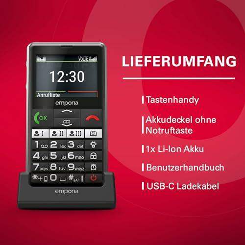emporiaPURE-LTE, 4G seenioritele mõeldud nuputelefon, lepinguvaba mobiiltelefon hädaabinupuga, must – pakend ja tarvikud