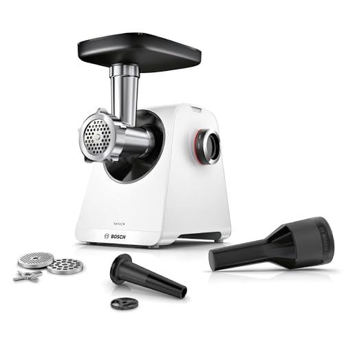 Bosch hakklihamasin Serie 4 MFWS420W, kompaktne, 2 kiirust, 2 sõela (3 & 8mm), vorstitarvik, 10-aastane mootori garantii, planeetülekanne, 1.900 W, valge/must
