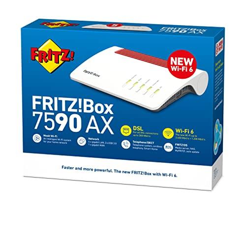 FRITZ!Box 7590 AX Rahvusvaheline (DSL/VDSL WLAN ruuter Wi-Fi 6-ga, 2 400 MBit/s (5 GHz) & 1 200 MBit/s (2,4 GHz), VDSL-Supervectoring 35b, Mesh, DECT-baas, sobib kasutamiseks Austrias/Šveitsis) – lisavaade