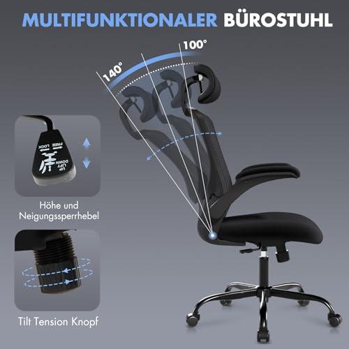 COLAMY Võrgust Bürootool arvutitool koos reguleeritava peatugi ja nimmetoega, ergonoomiline töölauatool ülesklapitavate käetugedega, 140° kallutusfunktsioon, täiesti must – lisavaade