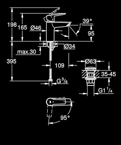 GROHE Start – säästlik vannitoasegisti (külmtüübi keskpositsiooniga energiakokkuhoiuks, 17 cm kõrge, veesäästlik, Push-Open äravoolusüsteem), matt must, 235512432 – pilt 12