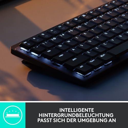 Logitech MX Mechanical Mini juhtmevaba mehaaniline klaviatuur taustvalgustusega, lineaarsed klahvid, Bluetooth, USB-C, macOS, Windows, Linux, Android, metall, Saksa QWERTZ paigutus – Grafiit – kasutusnäide