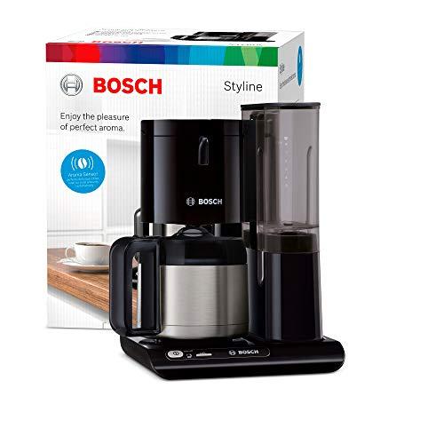 Bosch Styline TKA8A053 filterkohvimasin, Aroma Sensor, 1,1 L roostevabast terasest termoskann, 8-12 tassi, automaatne väljalülitus, katlakivieemaldussüsteem, tilgalukk, eemaldatav veepaak (1 L), 1100 W, must – pakend ja tarvikud