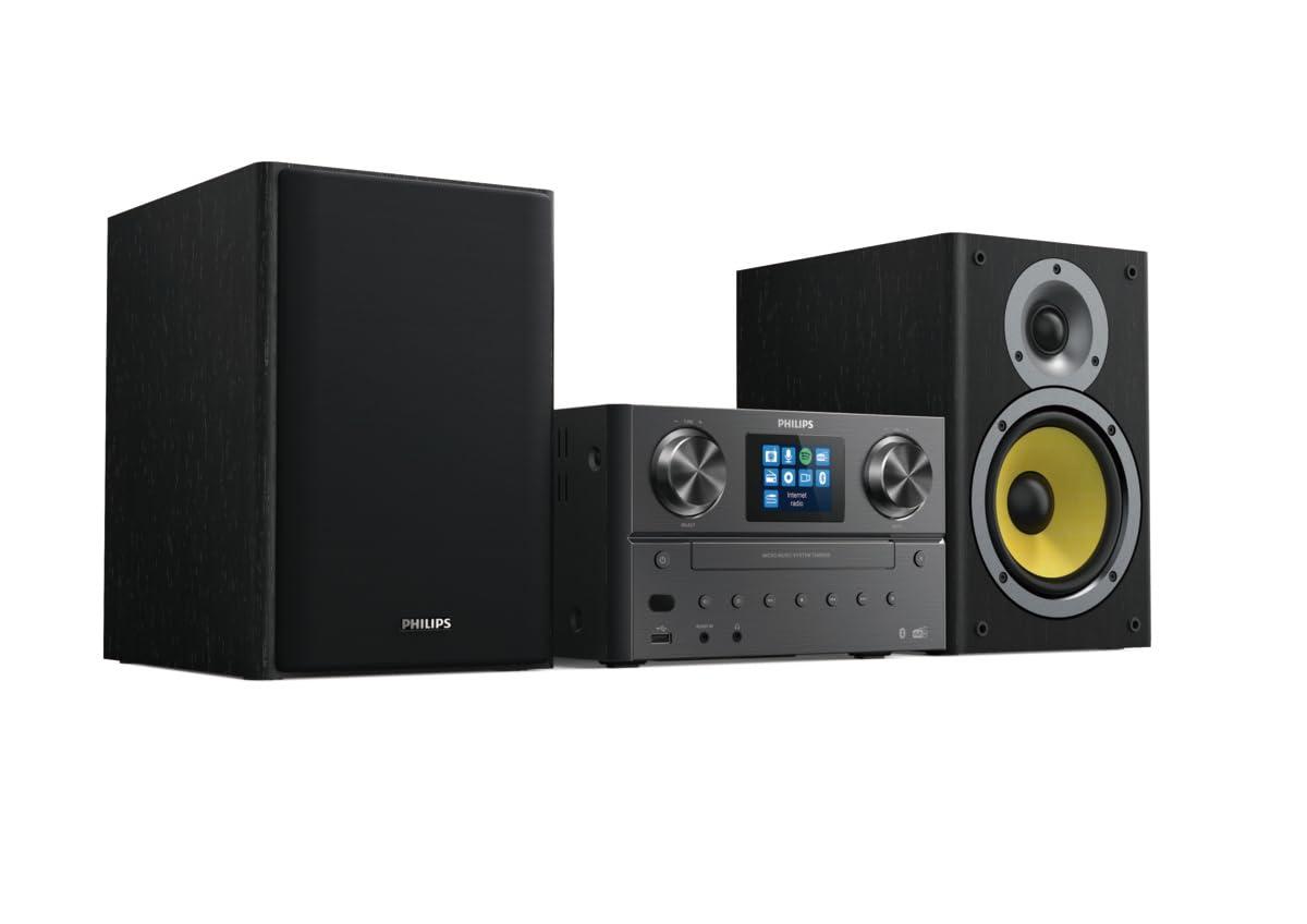 Philips TAM8905 Mikro-muusikasüsteem 100W, Bluetooth, Spotify Connect, Internetradio, DAB+, CD-mängija, USB, Bassrefleksi kõlarid, Digitaalne heli reguleerimine, klassikaline disain värviekraaniga – detailne vaade