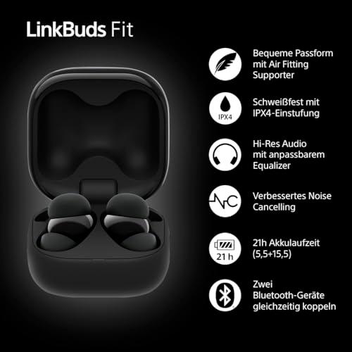 Sony LinkBuds Fit – Tõeliselt juhtmevabad mürasummutavad Bluetooth-kõrvaklapid – Mugav kogu päeva, IPX4, ümbritseva heli režiim, 21h aku kestvus, multipoint-ühendus, iOS & Android – Must – pakend ja tarvikud
