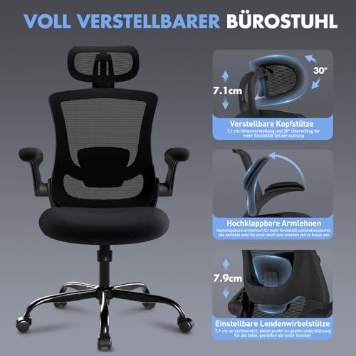 COLAMY Võrgust Bürootool arvutitool koos reguleeritava peatugi ja nimmetoega, ergonoomiline töölauatool ülesklapitavate käetugedega, 140° kallutusfunktsioon, täiesti must – kasutusnäide
