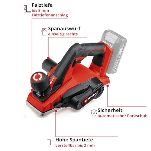 Einhell Aku-Höövel TE-PL 18/82 Li-Solo Power X-Change (18 V, 82 mm höövlilaius, kuni 2 mm spaanisügavus, sügavuse/piirangu juhtsiiber, automaatne parkimisking, 2x pöördnuga, ilma akuta) – pakend ja tarvikud