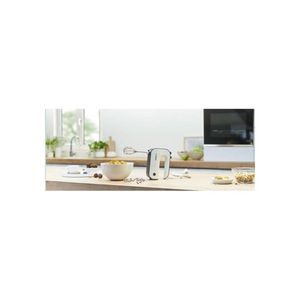 Bosch käsimikser Styline MFQ49700, 5 kiiruseastet, 2 roostevabast terasest visplit ja taignakonksu, spiraalkaabel, roostevabast terasest segamisjalg, 850 W, valge/tumehõbe – kasutusnäide