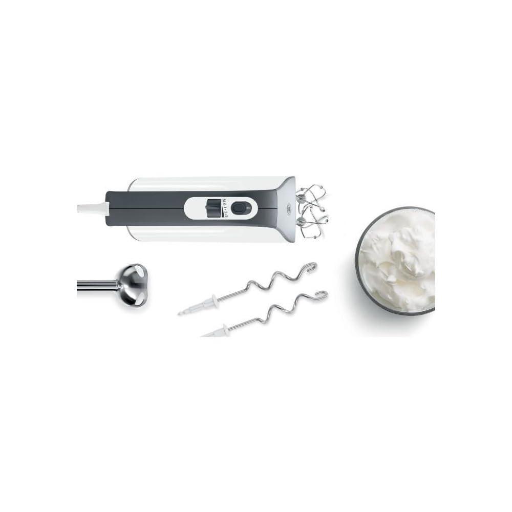 Bosch käsimikser Styline MFQ49700, 5 kiiruseastet, 2 roostevabast terasest visplit ja taignakonksu, spiraalkaabel, roostevabast terasest segamisjalg, 850 W, valge/tumehõbe – detailne vaade