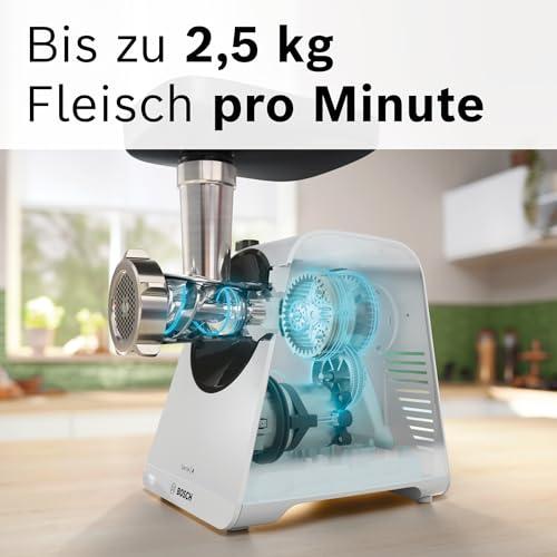 Bosch hakklihamasin Serie 4 MFWS420W, kompaktne, 2 kiirust, 2 sõela (3 & 8mm), vorstitarvik, 10-aastane mootori garantii, planeetülekanne, 1.900 W, valge/must – pakend ja tarvikud