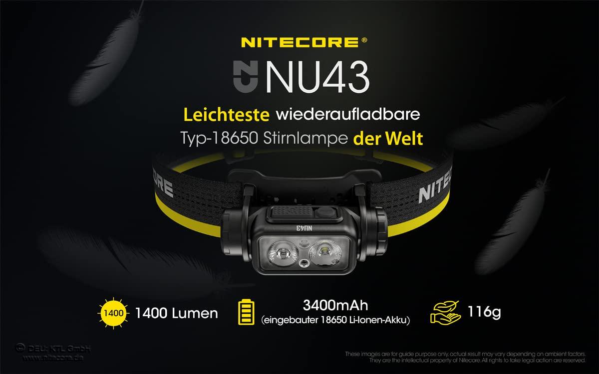 Nitecore NU43 Pealamp, kerge, USB-C laetav LED-pealamp, 1400 luumenit, 130 m valguskaugus, punane valgus öiseks nägemiseks – detailne vaade