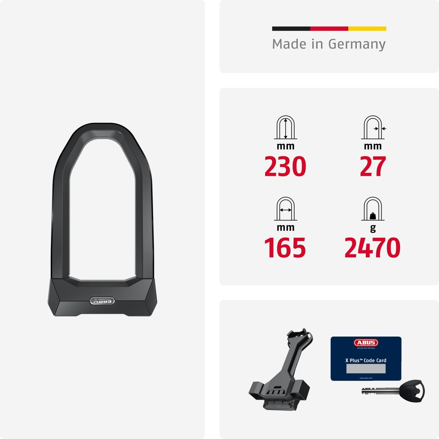 ABUS U-lukk Granit Super Extreme 2500/165HB230 – spetsialiseeritud nurgasae lõikevõtete vastu, sobib jalgrattale ja E-rattale, turvatase 15+, koos USH2500 kinnitusvahendiga – pakend ja tarvikud