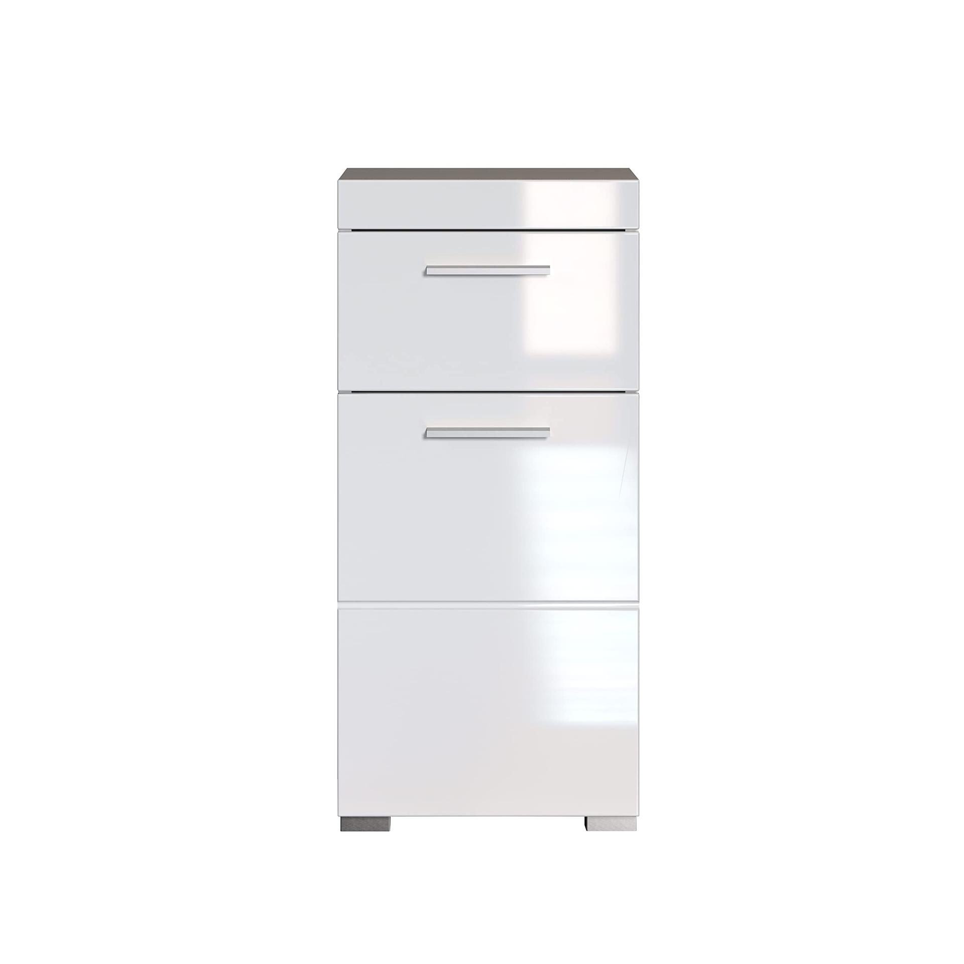 trendteam smart living – Amanda – Kommode – Valge kõrgläige – Kapp – (LxKxS) 37 x 79 x 31 cm – Vannitoakapp 1 ukse ja 1 sahtliga – hõbedased käepidemed – universaalne kasutus – detailne vaade