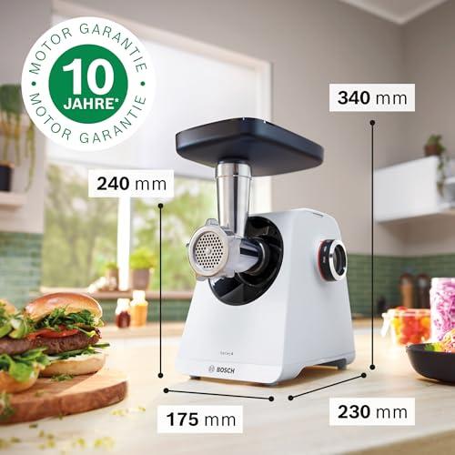 Bosch hakklihamasin Serie 4 MFWS420W, kompaktne, 2 kiirust, 2 sõela (3 & 8mm), vorstitarvik, 10-aastane mootori garantii, planeetülekanne, 1.900 W, valge/must – detailne vaade
