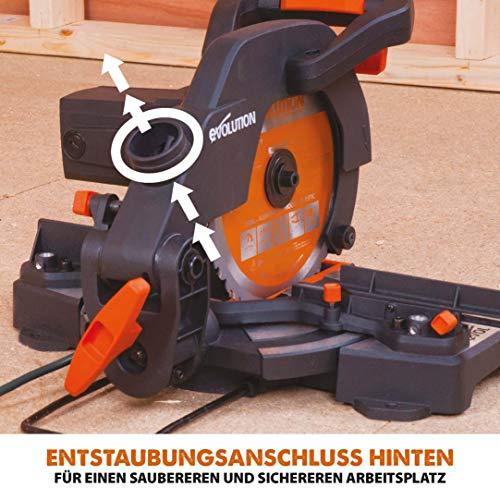 Evolution nurksaag R210CMS | 1200 W nurksaag | Komplektis Ø 210 mm HM-saeketas | Lõikab puitu, alumiiniumi, terast, plastikut | 0°- 45° kalde- ja 45°-45° nurklõiked | Kappsäge – pilt 16