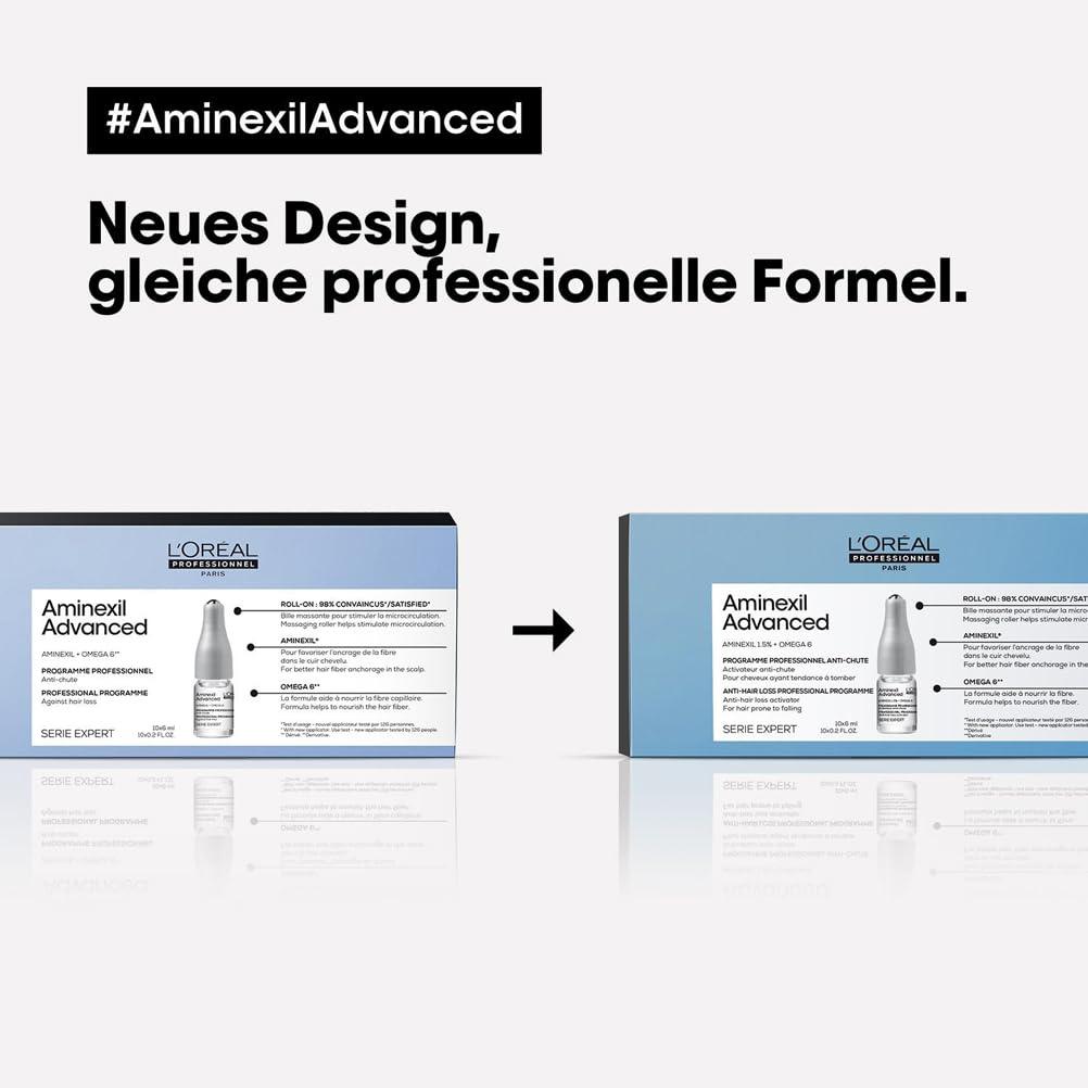 L’Oréal Professionnel tugevdav juuksehooldus juuste väljalangemise vastu, tihedamate juuste saavutamiseks, Aminexil Advanced juuste väljalangemise vastane aktivaator, 42×6 ml – pakend ja tarvikud