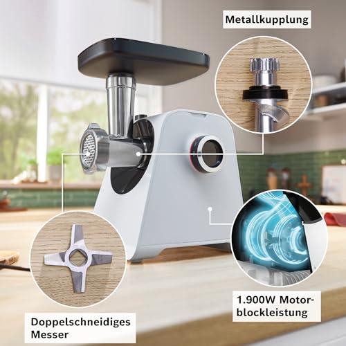 Bosch hakklihamasin Serie 4 MFWS420W, kompaktne, 2 kiirust, 2 sõela (3 & 8mm), vorstitarvik, 10-aastane mootori garantii, planeetülekanne, 1.900 W, valge/must – kasutusnäide
