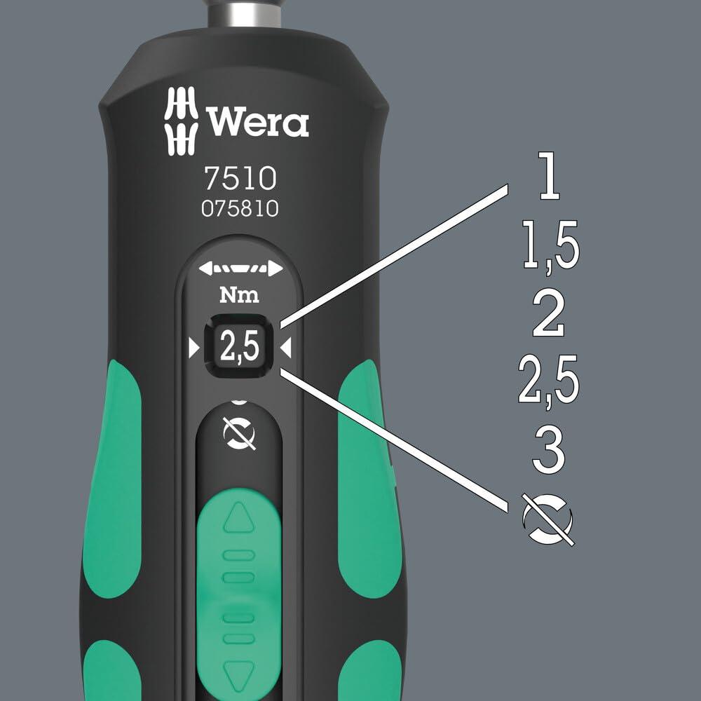 Wera 05075810001 7510 Kraftform Safe-Torque Speed Momentvõtmega kruvikeeraja, 1-3 Nm, 1/4″ x 1,0 Nm x 1,5 Nm x 2,0 Nm x 2,5 Nm x 3,0 Nm x 147,5 mm – pakend ja tarvikud