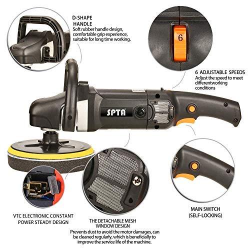 SPTA Poleerimismasin 125mm/150mm/180mm – Reguleeritava Kiirusega Poleerija 1200W, Komplekt Auto, Paadi ja Mootorratta Poleermiseks – pakend ja tarvikud