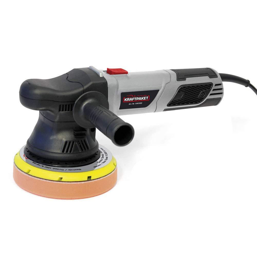Dino KRAFTPAKET 640301 15mm-900W Ekstsentriline Poleermasin Komplektis XXL-Set – 125mm ja 150mm tugitaldrikud, poleerimispadjakesed ja kott – Auto, Mootorsõiduk, Paadi Hoolduseks, Hall – pakend ja tarvikud