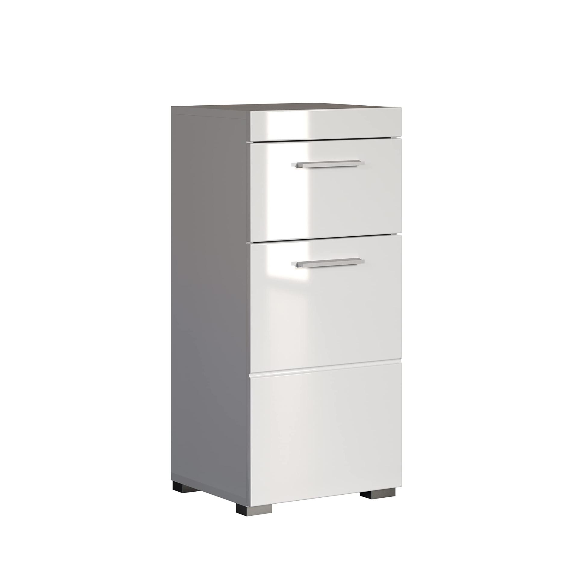trendteam smart living – Amanda – Kommode – Valge kõrgläige – Kapp – (LxKxS) 37 x 79 x 31 cm – Vannitoakapp 1 ukse ja 1 sahtliga – hõbedased käepidemed – universaalne kasutus