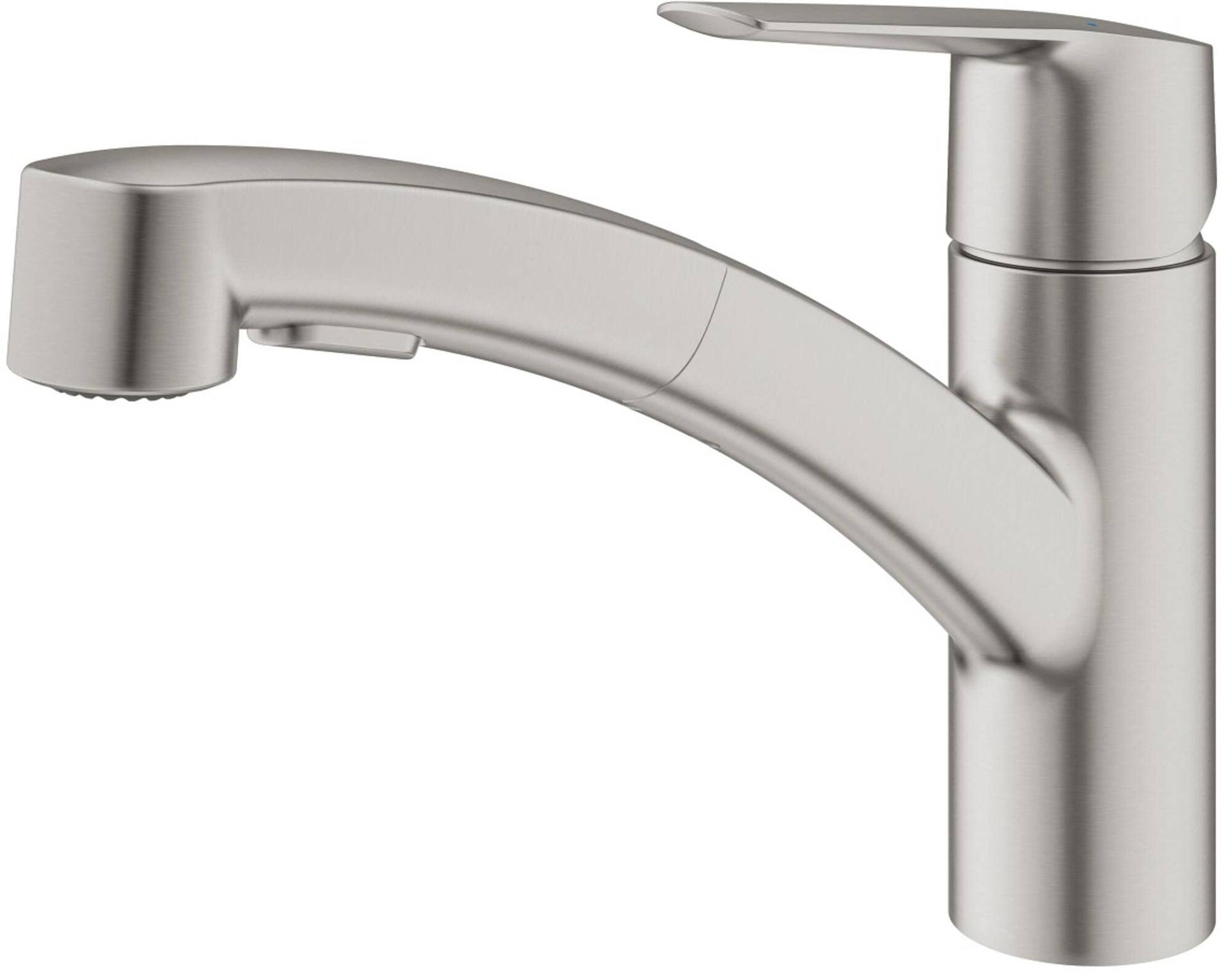 GROHE Start – Ühe käepidemega köögisegisti (DN15, 90° pööramisulatus, väljatõmmatava dušiga) superteras, 30531DC1 – pakend ja tarvikud