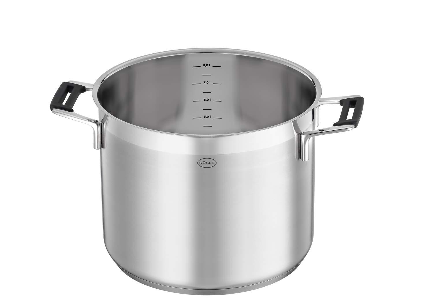 RÖSLE SILENCE PRO köögivilja- ja supipott, kvaliteetne universaalpott roostevabast terasest 18/10, 24 cm, klaaskaanega, sisemõõdistusega, induktsioonisobiv, nõudepesumasinas pestav, hõbedane/must – detailne vaade