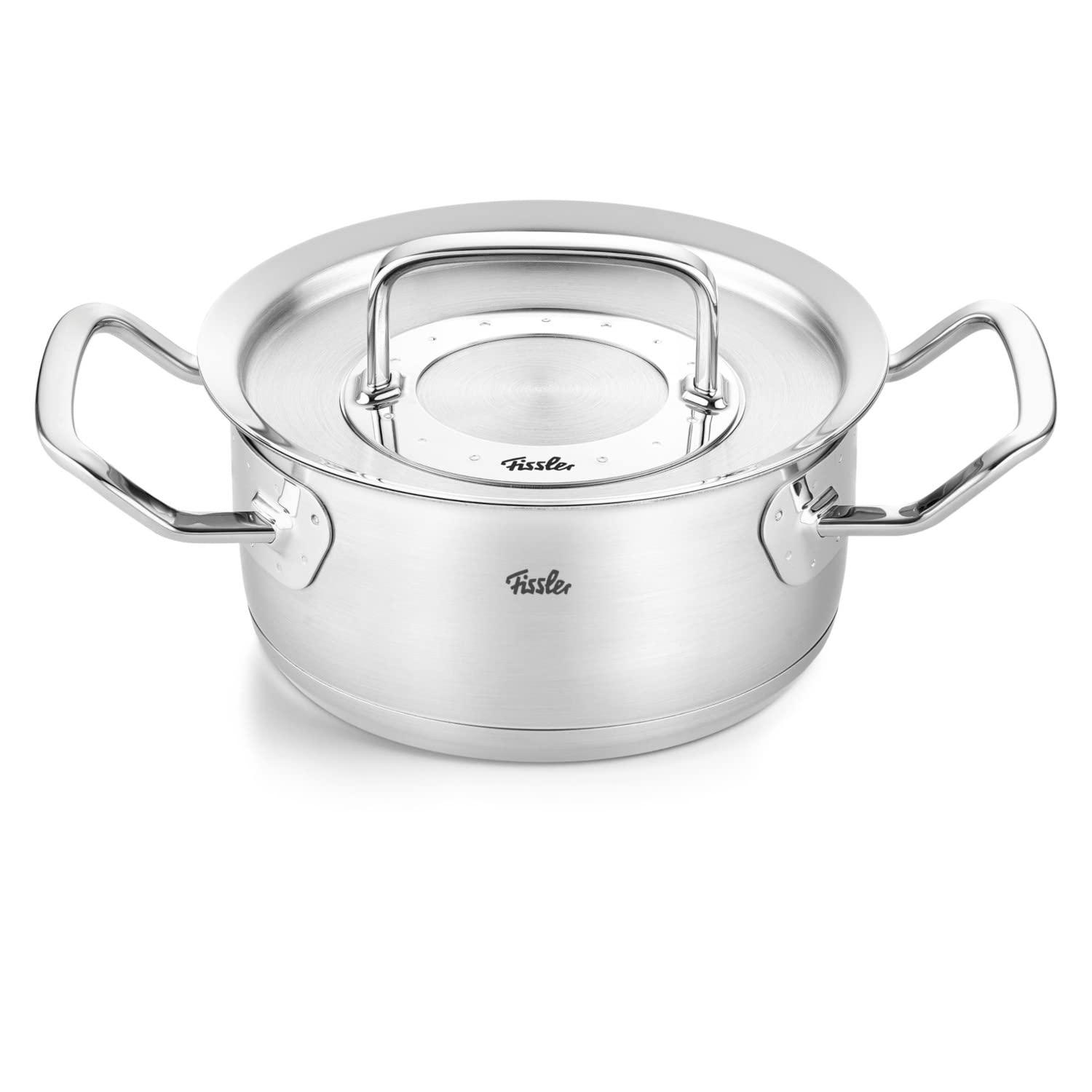 Fissler Original-Profi Collection roostevabast terasest potikomplekt, 5-osaline, metallkaanega + tasuta roostevaba terase hooldus – induktsioonile sobiv, hõbedane – pakend ja tarvikud