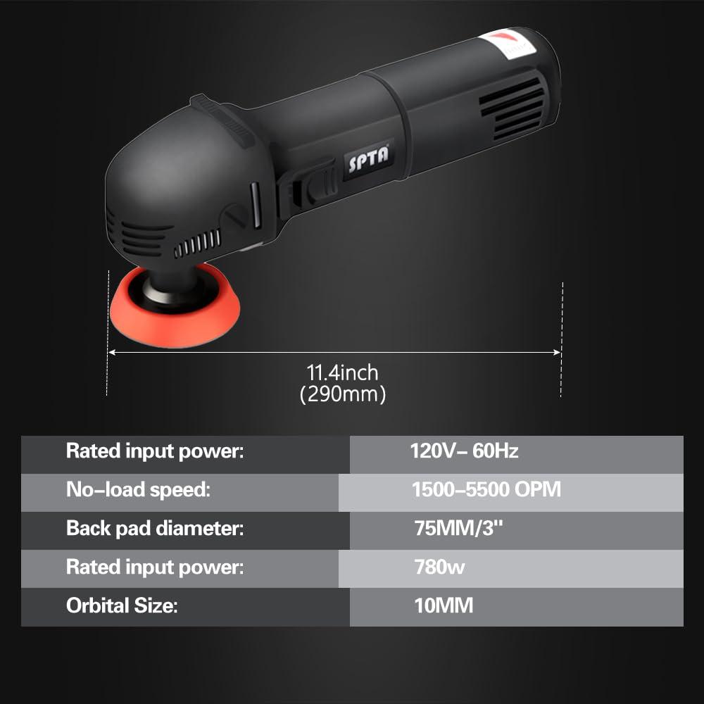 Mini poleermasin, SPTA 780W poleerija 6 muutuv kiirus, külgkäepide, 25/50/80mm poleerimispadjad/villaketas/lihvpaber, auto ja mööbli poleerimiseks – HROMPS3AC – pakend ja tarvikud