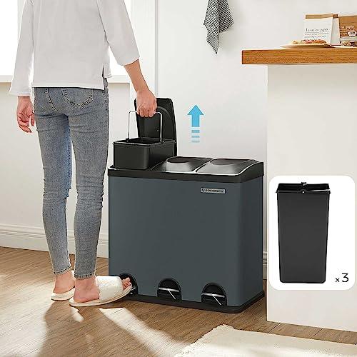 SONGMICS 54L köögiprügikast, 3 sektsiooniga pedaalämber, sisemised ämbrid ja 6 sildi prügisorteerimissüsteem, legeeritud teras, hall-must, 60,4x30x56,3 cm – lisavaade