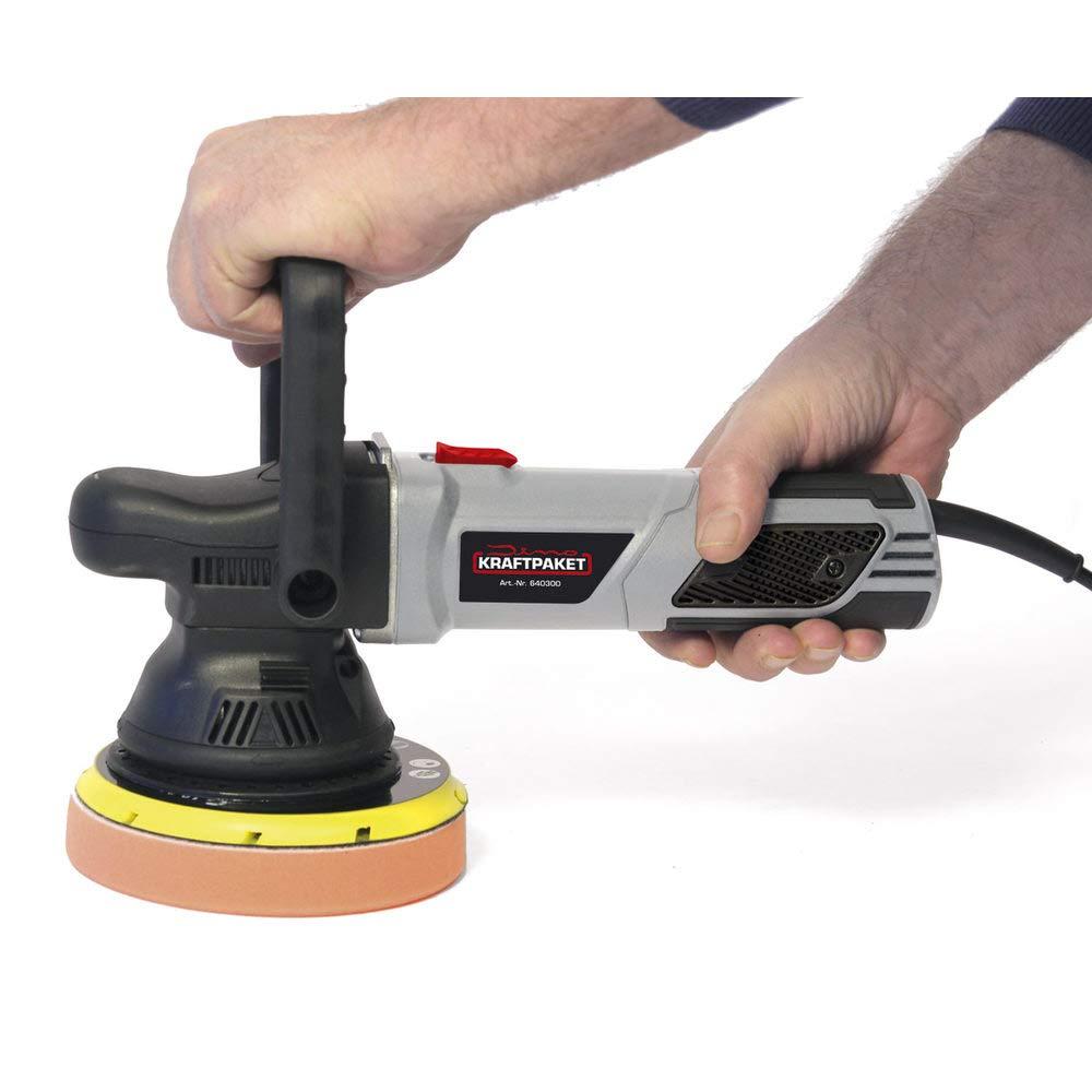 Dino KRAFTPAKET 640301 15mm-900W Ekstsentriline Poleermasin Komplektis XXL-Set – 125mm ja 150mm tugitaldrikud, poleerimispadjakesed ja kott – Auto, Mootorsõiduk, Paadi Hoolduseks, Hall – lisavaade