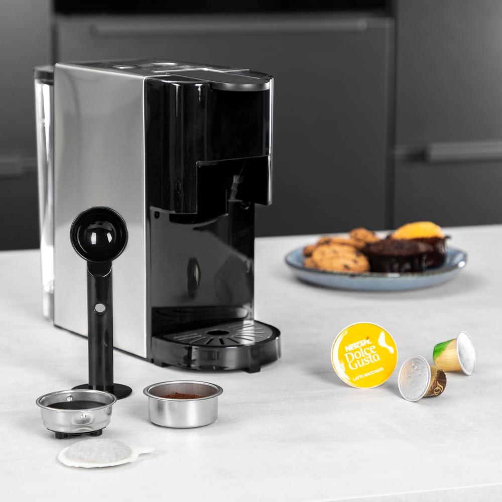 Princess 4-in-1 Multikapsel Kohvimasin – 1450 W, Kapslid, Padid, Jahvatatud Kohv, BPA-vaba, Must, Hõbedane – detailne vaade