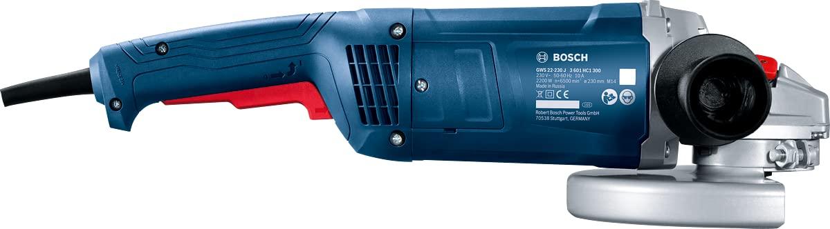 Bosch Professional nurgalihvija GWS 22-230 J (2200 W, kahekohaline võti, kinnitusäärik, pingutusmutter, kaitsekate, lisakäepide) – pakend ja tarvikud