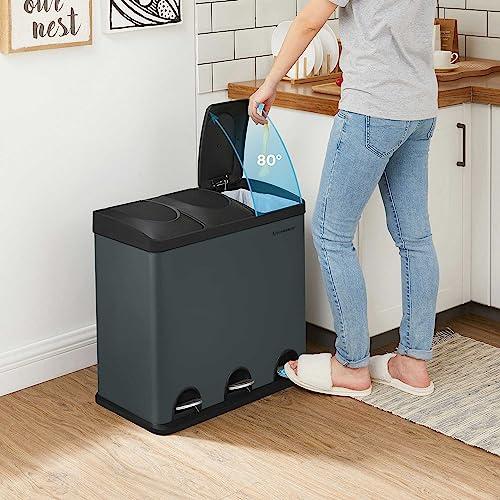 SONGMICS 54L köögiprügikast, 3 sektsiooniga pedaalämber, sisemised ämbrid ja 6 sildi prügisorteerimissüsteem, legeeritud teras, hall-must, 60,4x30x56,3 cm – pakend ja tarvikud