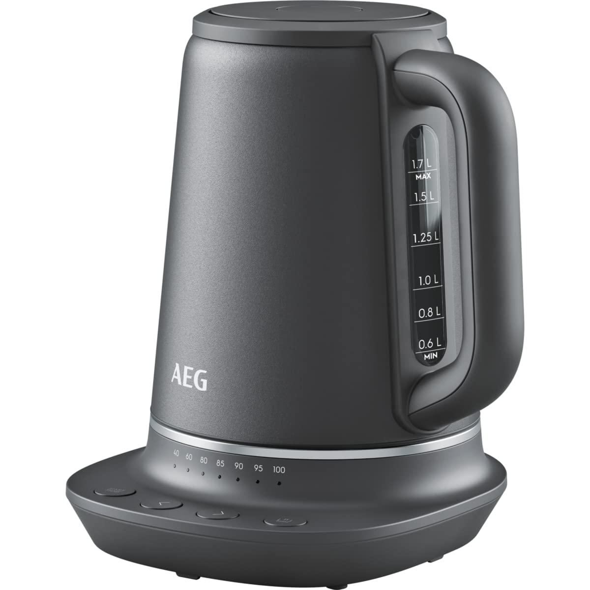 AEG K7-1-6BP veekeetja (7 temperatuuriastet, kolmekordne turvalülitus, soojushoidmise funktsioon, 1,7 liitrit, tilgavastane disain, lihtne puhastamine, 360° alus, libisemiskindel kate, LED-ekraan, hall)