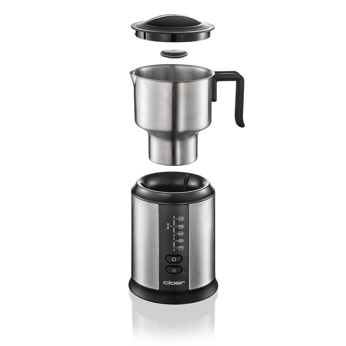 Cloer 7789 induktsioonpiimavahusti, 600ml piimavaht 450ml piimast, 500ml kuuma šokolaadi, 800ml anum, magnetiline vahustamispool, roostevabast terasest kann, nõudepesumasinas pestav – pakend ja tarvikud