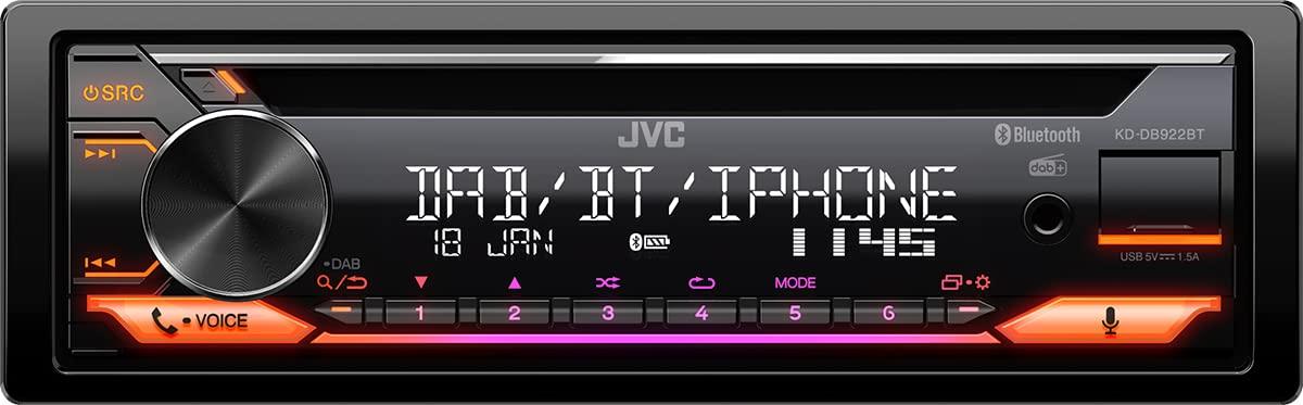 JVC KD-DB922BT CD-Autoradio DAB+ ja Bluetooth käed-vabad süsteemiga (USB, AUX-In, 3 x Pre-Out 2,5V, Amazon Alexa, Heliprotsessor, 4×50 W, Muudetav valgustus) – detailne vaade