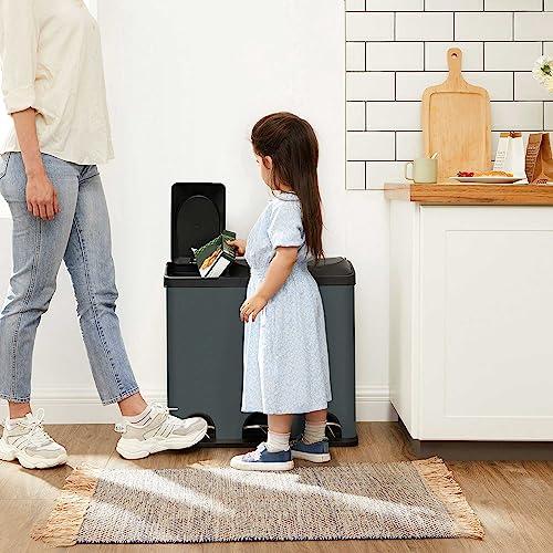 SONGMICS 54L köögiprügikast, 3 sektsiooniga pedaalämber, sisemised ämbrid ja 6 sildi prügisorteerimissüsteem, legeeritud teras, hall-must, 60,4x30x56,3 cm – detailne vaade